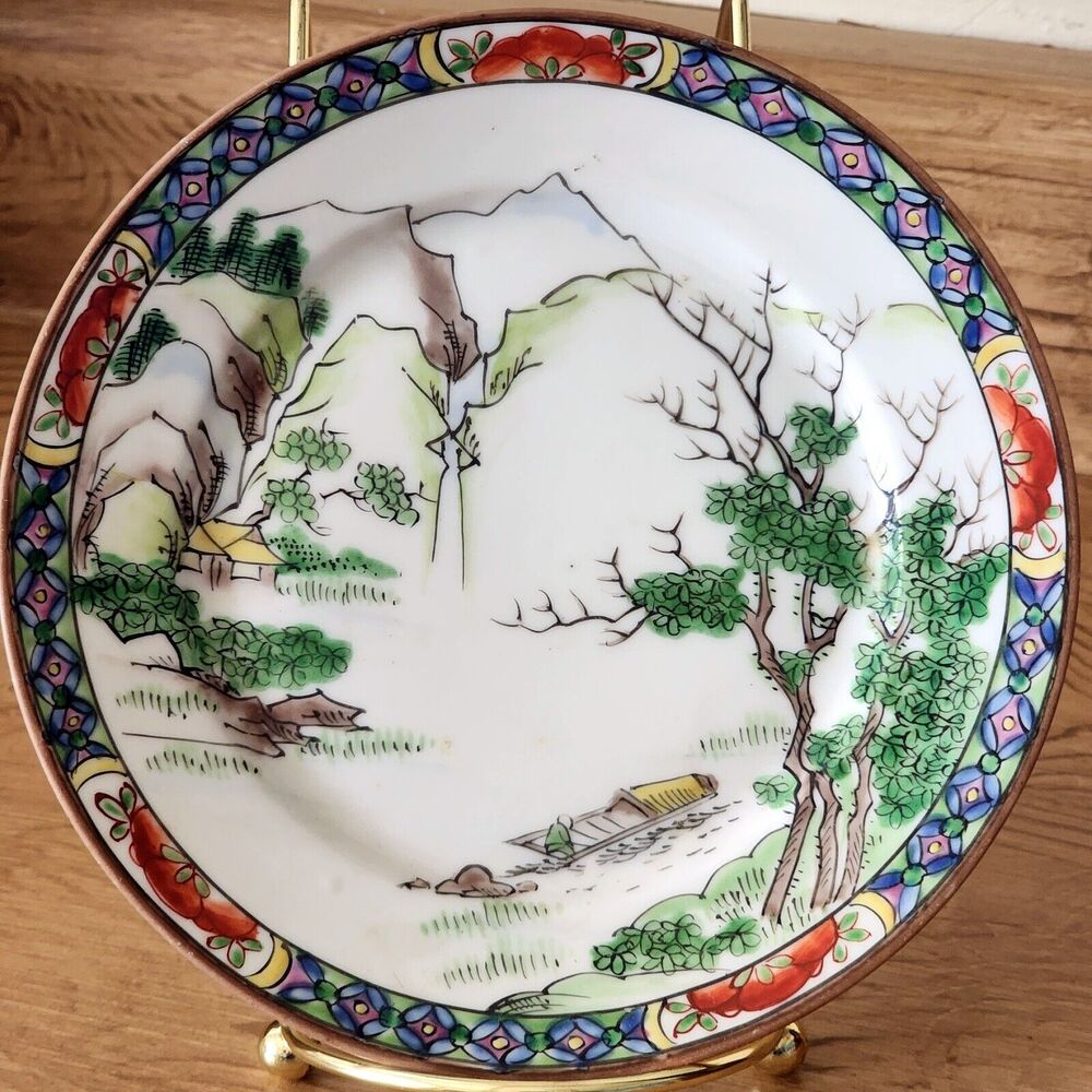 Vintage Japanese Plate NIPPON Hand-Painted Garden Saucer Plate Trees Mtn. Hut 6"